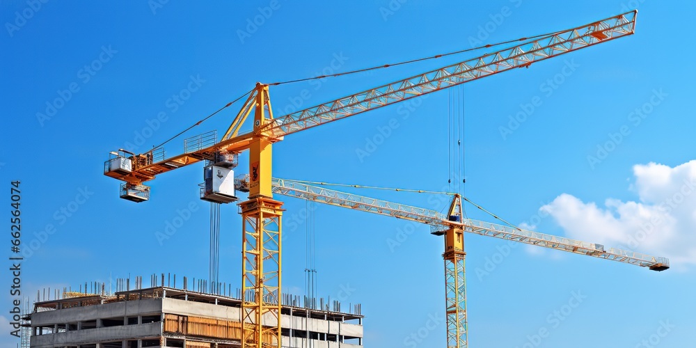 crane doing building work, during the day, against a light blue sky background, generative ai.