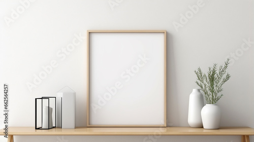 Vertical empty mock up poster frame on wooden shelf 