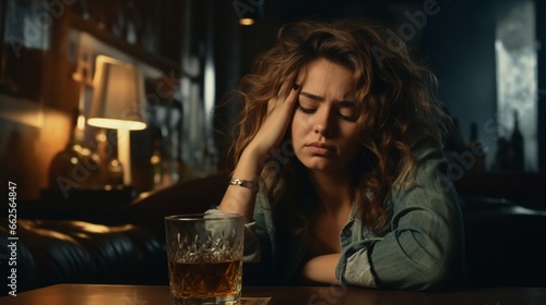 Drunk depressed young woman with glass of whiskey suffering from headache lying on a coach. Alcoholic, social issue, stress, addiction and loneliness concept.