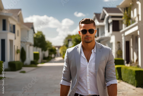 Confident businessman. Confident young man in grey suit  and black sunglasses looking away while standing outdoors with cityscape in the background photo