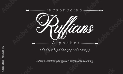 Ruffians Elegant Font Uppercase Lowercase and Number. Classic Lettering Minimal Fashion Designs. Typography modern serif fonts regular decorative vintage concept. vector illustration