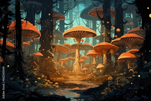 Giant talking mushrooms offering cryptic advice in dense forest groves - Generative AI © Sidewaypics