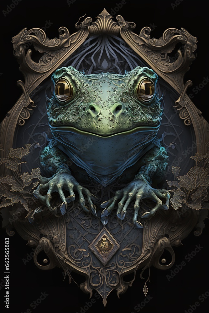 Digital art of frog sitting on top of shield. The frog is green and has big eyes. The shield is made of gold and has a crown on it. The frog is looking at the viewer with a serious expression. Digital art of frog sitting on top of shield. The frog is green and has big eyes. The shield is made of gold and has a crown on it. The frog is looking at the viewer with a serious expression.