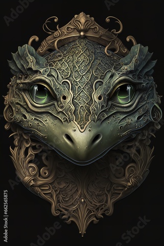 Close-up digital art of a frog's head with green eyes and a crown on a black background.