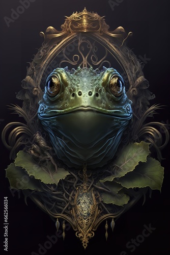Digital art of frog wearing crown and leaves on black background. The frog is green and has big eyes. The crown is gold and has a red gem. The leaves are green and yellow. The frog is looking at the v