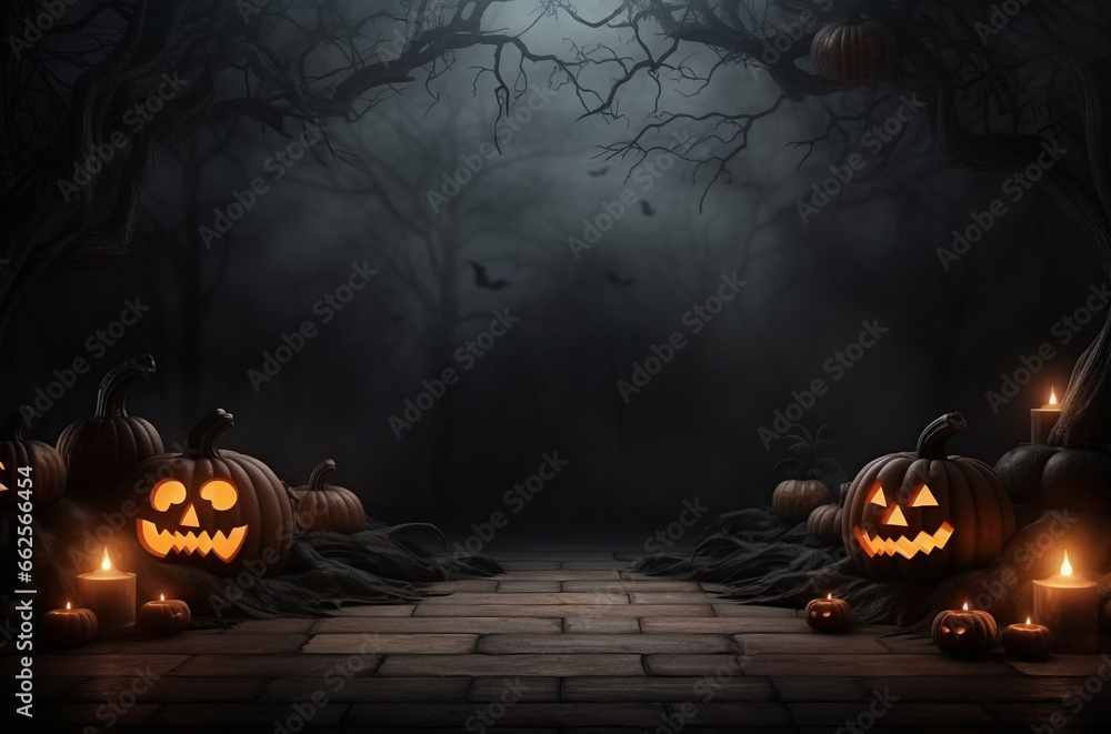 A spooky forest with a haunted evil glowing eyes of Jack O' Lanterns on ...