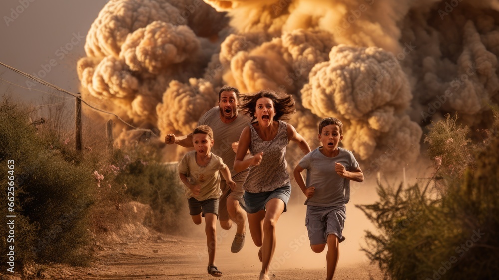 Innocent civilian running away from missile attack in the city. Kids and family escape from surprise military operation with fear and scare. - obrazy, fototapety, plakaty 