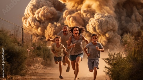 Innocent civilian running away from missile attack in the city. Kids and family escape from surprise military operation with fear and scare.