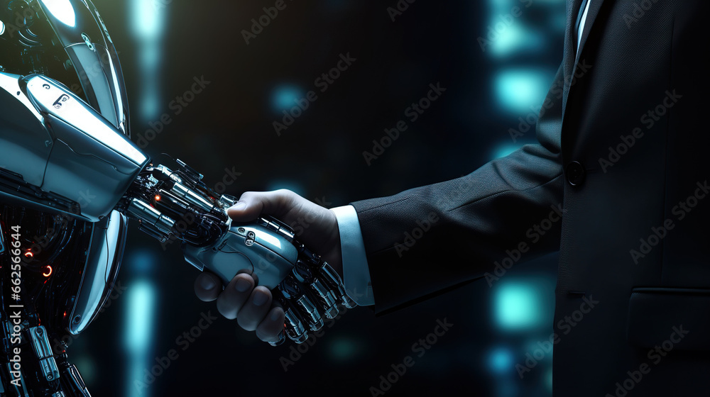 Close up of businessman hand holding robot arm.