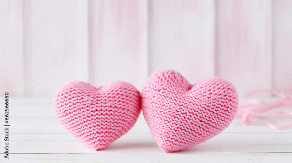 Fototapeta premium Two knitted hearts on a wooden background. Valentine's Day.