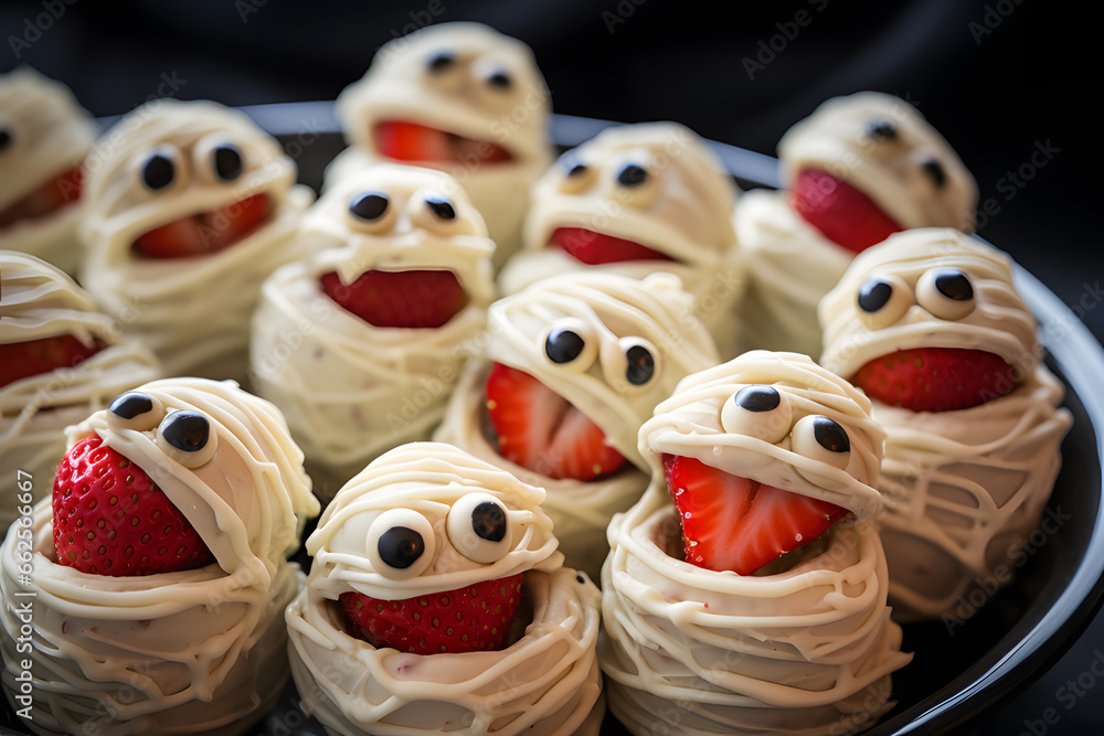 A platter of mummy-inspired white chocolate-covered strawberries with candy eyes.