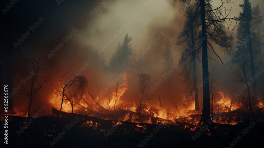 Forest fire. Fire burns the forest. Charred trees, fire glow and smoke. Natural disaster as a result of climate change. 3d rendering .full ultra HD, High resolution