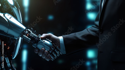 Close up of businessman hand holding robot arm. © YULIYA