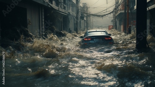 Floodwaters engulfing streets in close-up.