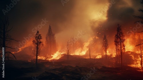 Forest fire. Fire burns the forest. Charred trees  fire glow and smoke. Natural disaster as a result of climate change. 3d rendering .full ultra HD  High resolution