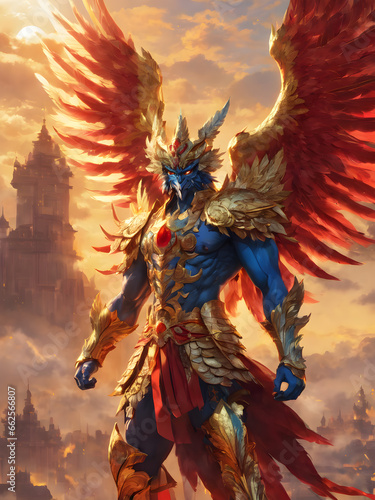 Garuda has the body of a person  the back of a bird and has wings. A deity in Indian and Buddhist mythology.