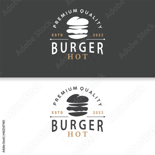 Burger Logo Fast Food Design, Hot And Delicious Food Vector Templet Illustration