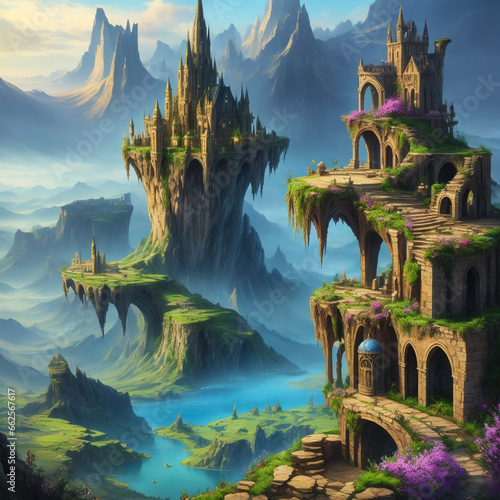 A fantasy landscape with huge mountains.