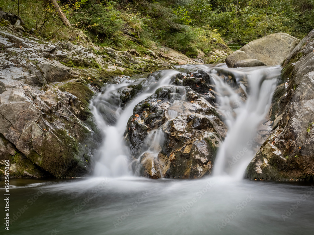 Beautiful waterfall in Cheile Galbenului gorge, Baia de Fier, Gorj, Romania