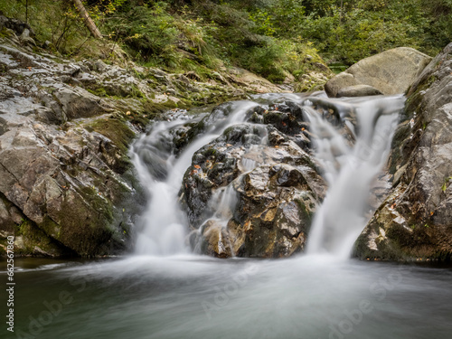 Beautiful waterfall in Cheile Galbenului gorge, Baia de Fier, Gorj, Romania