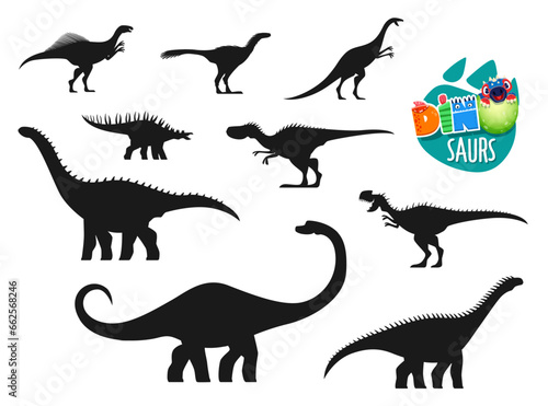 Dinosaur  extinct prehistoric animals silhouettes. Jurassic era dinosaur or reptile. Datousaurus  Hypselosaurus  Kentrosaurus and Dubreuillosaurus  Monolophosaurus  Wannanosaurus vector silhouettes