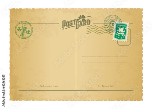 Saint Patrick day antique postcard, retro postage stamps and vintage mail, vector background. Irish holiday St Patrick day postcard with luck clover shamrock for Ireland holiday greeting post card