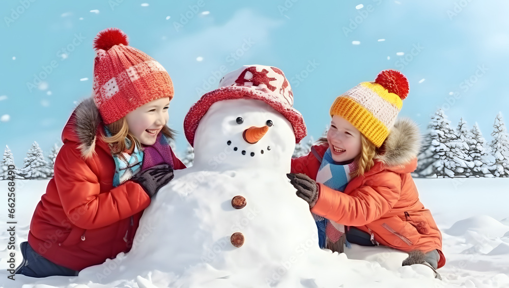 Cute children making snowman during winter season