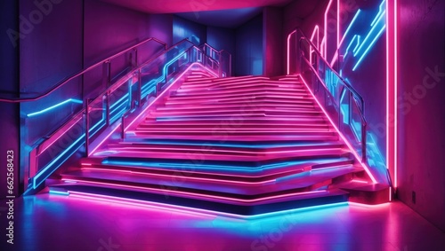 "Radiant Neon Staircase: A Futuristic Glowing Ascent"