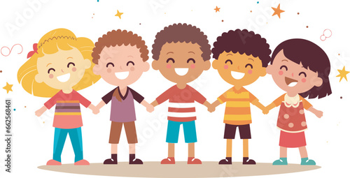 Friendship day banner, cute cartoon friends holding hands each other vector illustration, photo