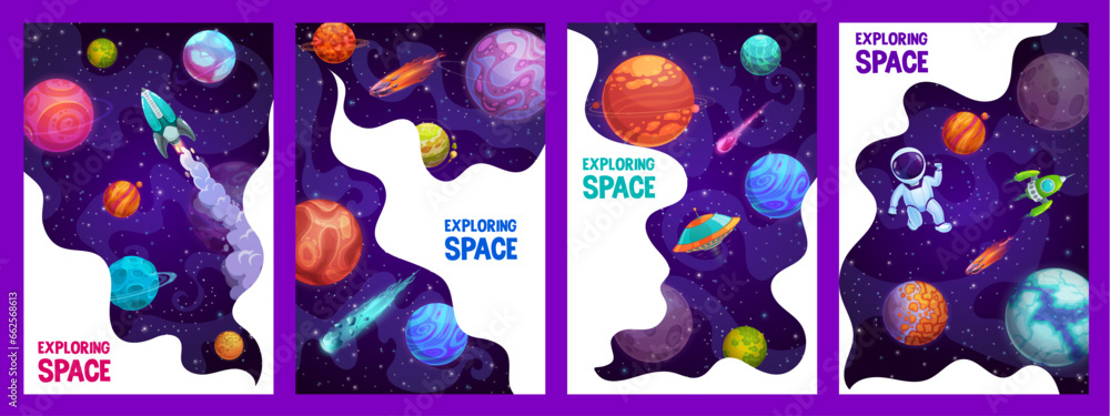 Cartoon space posters, rocket, astronaut in spaceship, space planets and stars, vector galaxy backgrounds. Outer space landscape with spacecraft shuttle, spaceman and alien planets in starry sky