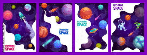 Cartoon space posters, rocket, astronaut in spaceship, space planets and stars, vector galaxy backgrounds. Outer space landscape with spacecraft shuttle, spaceman and alien planets in starry sky