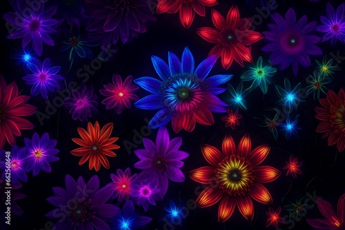 Bright neon flowers shine in the dark and create a strange brightness. 