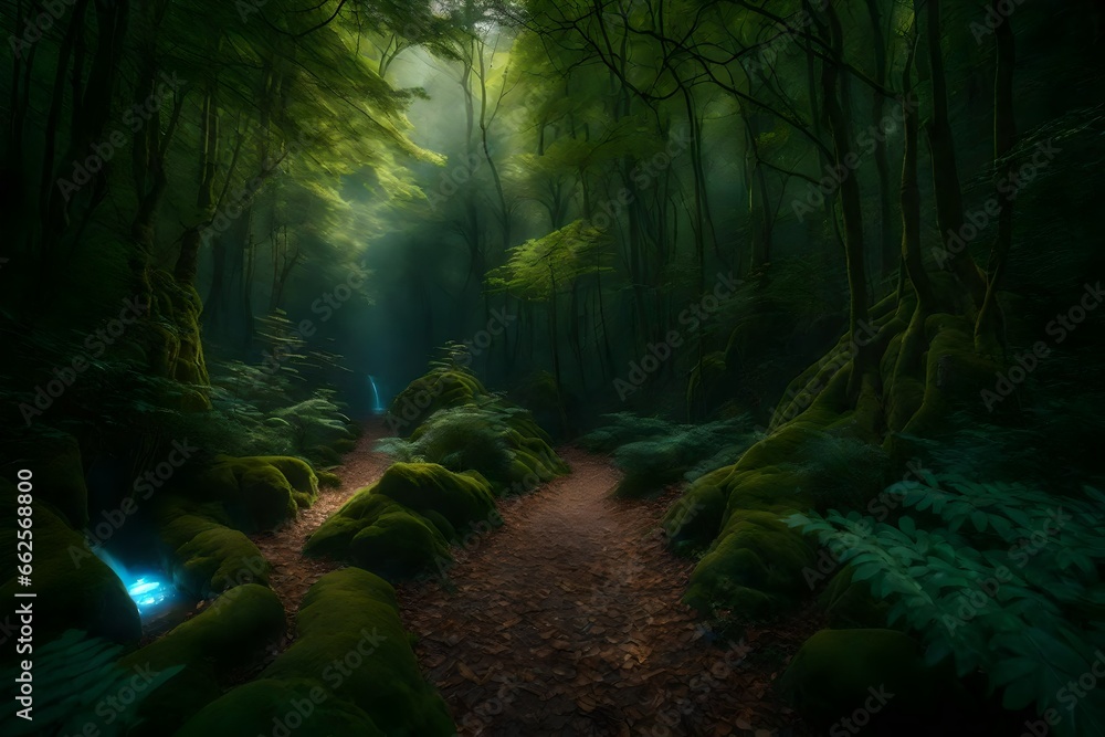 Obraz premium A fantastic, enchanted woodland with intelligent animals and secret pathways.