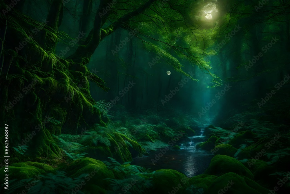 A magical, moonlit woodland filled with fairies and unicorns.