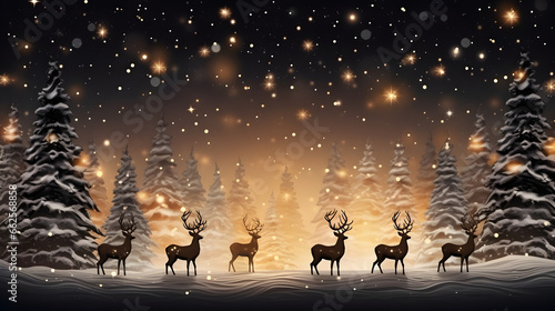 Reindeers in jungle at winter night