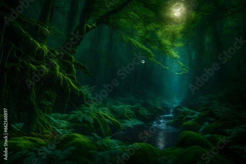 A magical, moonlit woodland filled with fairies and unicorns. © MB Khan