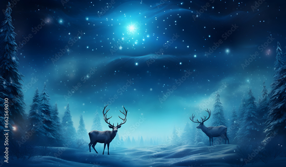 Two reindeers in jungle at winter night