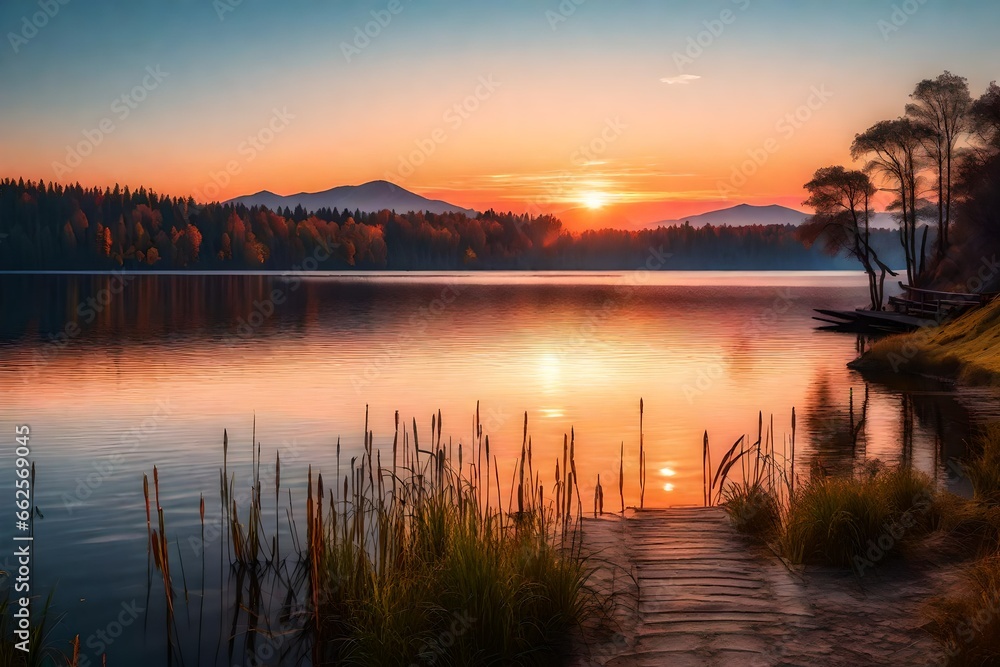 a tranquil lakeside setting with an eye-catching sunset reflected on the water.