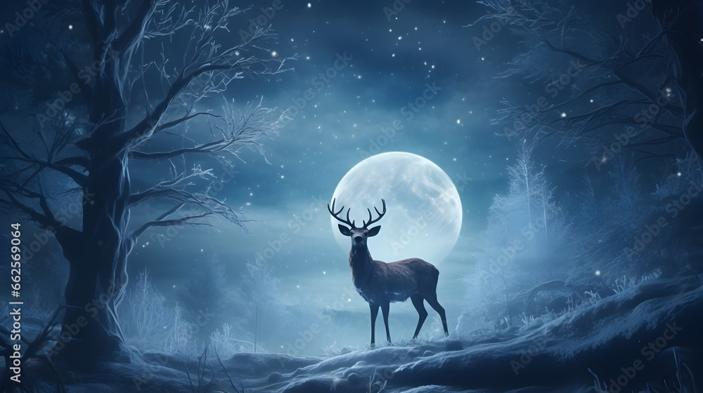 A reindeer at winter night with full moon A reindeer at winter night with full moon