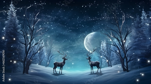 Two reindeers in jungle at winter night