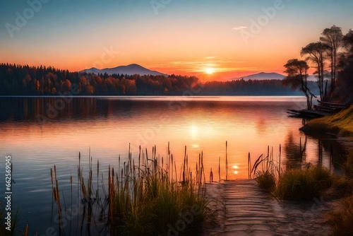 a tranquil lakeside setting with an eye-catching sunset reflected on the water.
