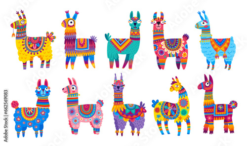 Cartoon llama and alpaca characters. Funny llama animals, South America, Peru or Mexico wild or farm animal isolated vector personages wearing blankets and saddles with mexican ethnic ornaments