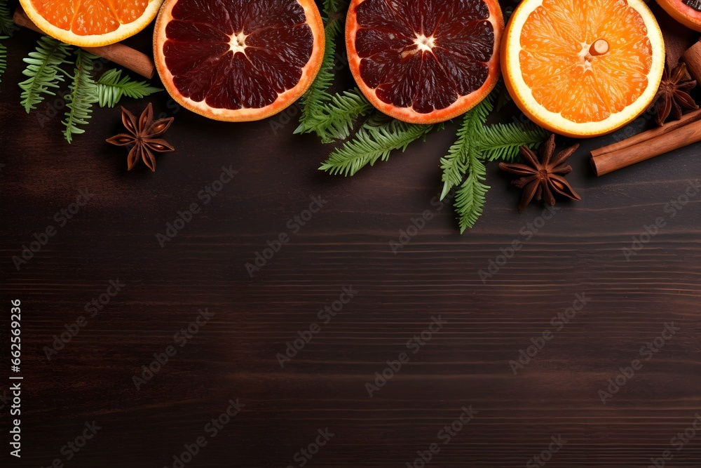 Orange and Grape Fruit dried slices with Star anise and fir Tree Christmas branches, Wood Banner background mockup with copy space Orange and Grape Fruit dried slices with Star anise and fir Tree Christmas branches, Wood Banner background mockup with copy space