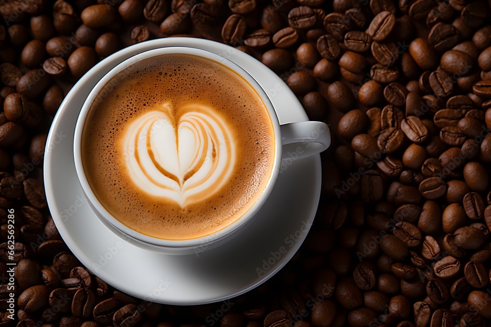Coffee cup, cappuccino on table with coffee beans and linen cloth, landscape banner with copy space, latte art, classic and clean, professional food photography, valentine's day love coffee art Coffee cup, cappuccino on table with coffee beans and linen cloth, landscape banner with copy space, latte art, classic and clean, professional food photography, valentine's day love coffee art