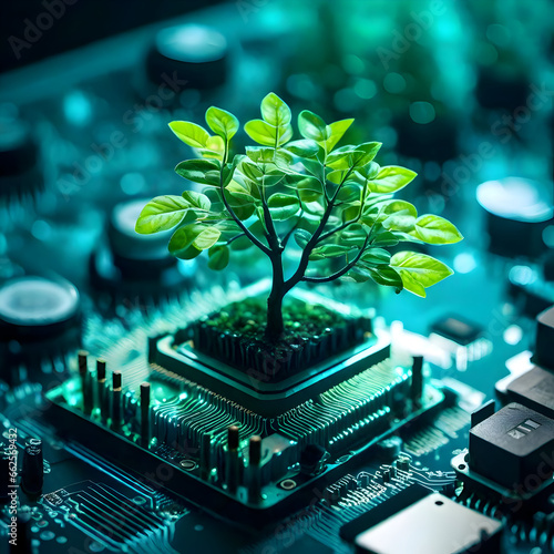 Tree grow on the chip of computer board. Green computing, Green technology, Concept of green technology. Environment green technology.