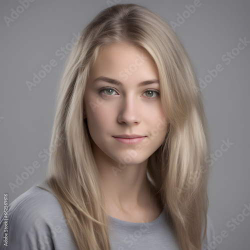 Portrait of a beautiful young woman with a gray background. Generative AI 