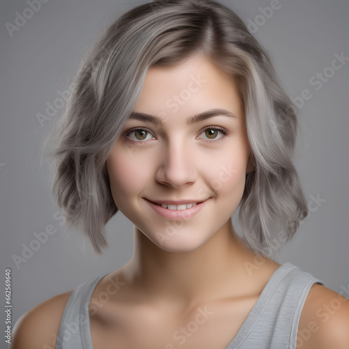 Portrait of a beautiful young woman with a gray background. Generative AI	