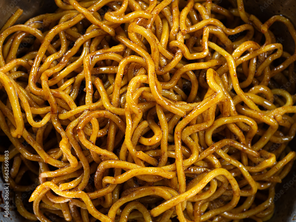 yakisoba noodles tossed with soy sauce and sesame oil