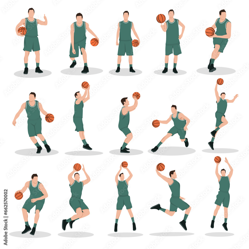 Vector illustration of 15 basketball player passing,shooting,skill,collection,set isolated on white background
