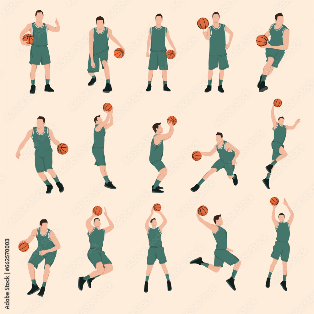 Vector illustration of 15 basketball player passing,shooting,skill,collection,set isolated